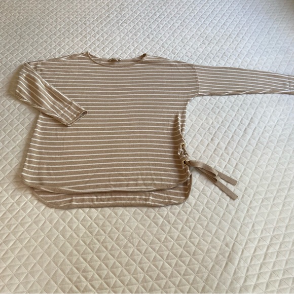 Michael Kors Women’s Sweater Size Large White Brown Stripes  Side Tide - Picture 5 of 15